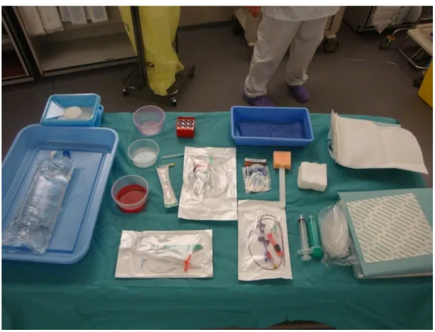 Figure 6 : Table stérile et présentation du matériel. Elle se compose d’un  bac de serum non hépariné, des plusieurs cupules contenant un 