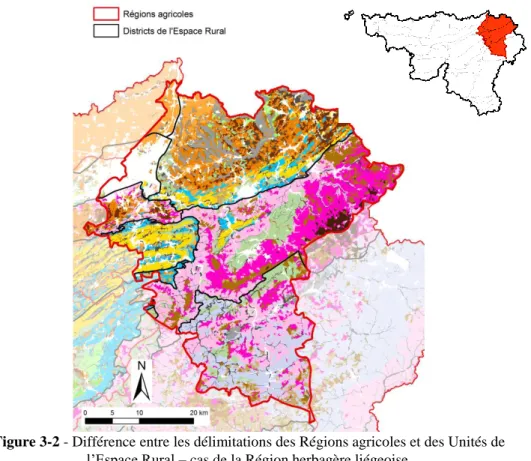 Figure 3-2 - Différence entre les délimitations des Régions agricoles et des Unités de  l’Espace Rural – cas de la Région herbagère liégeoise