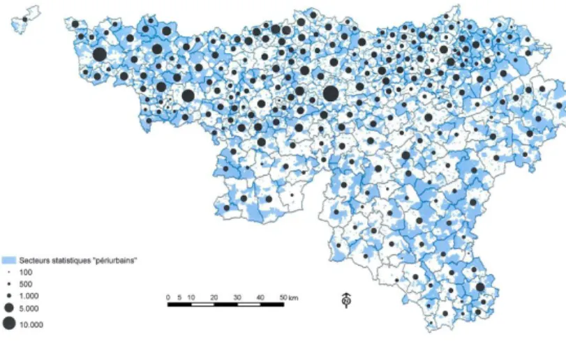 Fig. 1  Cartographie des quartiers dits « périurbains » en Wallonie (Belgique) 