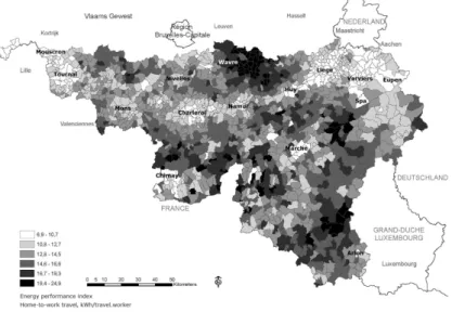 Fig. 2  Variation des consommations d’énergie pour les déplacements domicile-travail, en kWh par personne et par trajet, à  l’échelle de l’ancienne commune sur l’ensemble du territoire wallon (données INS 2001)