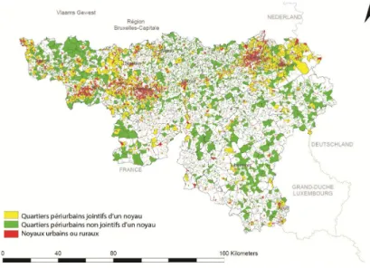 Fig. 3  Identification des quartiers périurbains localisés à proximité immédiate de noyaux urbains ou ruraux existants