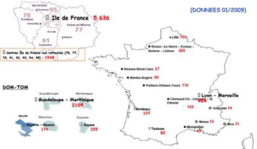Figure  4 :  Répartition  de  la  population  drépanocytaire  en  France  métropolitaine  et  DOM 