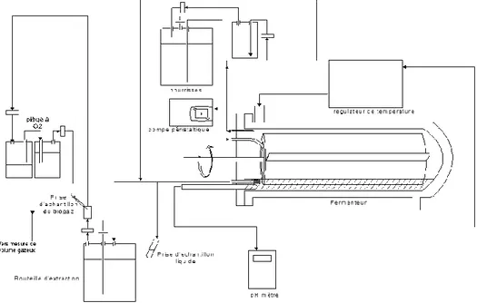 Figure 2 : schéma du réacteur à cylindre horizontal rotatif, du système d’alimentation en milieu frais, d’évacuation  du milieu usage et des tubulures de connexion entre ces éléments