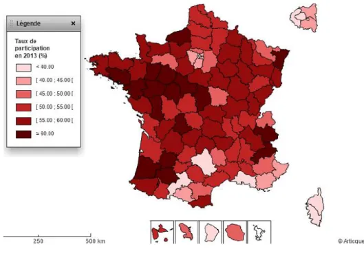 Figure 3: Taux de participation au dépistage du cancer sein en 2013 (D’après l’INCa) 