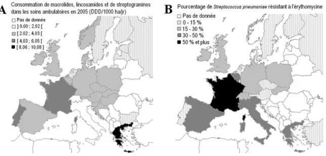 Figure  1-1:  A)  consommation  d’antibiotiques  macrolides,  lincosamides,  et  streptogramines  dans  les  soins  ambulatoires  en  2005  à  l’échelle  européenne