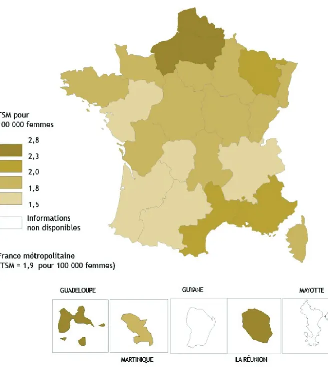 Figure 01 : Taux standardisés à la population mondiale (TSM) d’incidence du cancer du col utérin à l’échelle régionale en  France métropolitaine et dans les DOM en 2005 (source InVS).