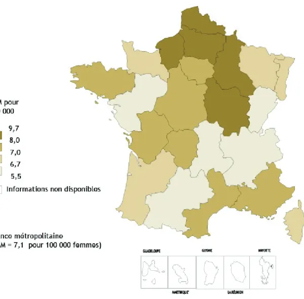 Figure 02 : Taux standardisés à la population mondiale (TSM) de mortalité par cancer du col utérin à l’échelle régionale en  France métropolitaine et dans les DOM entre 2004 et 2008 (source InVS) 