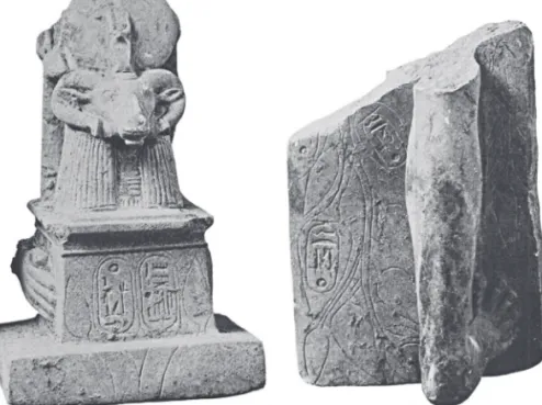 fig. 1: fragments of an offering statue with the cartouches of ramses ii inscribed on the leaves of a sacred plant; from legrain (1909),