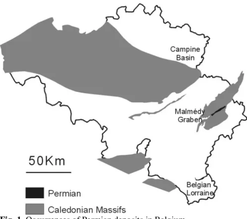 Fig. 1. Occurrences of Permian deposits in Belgium. 