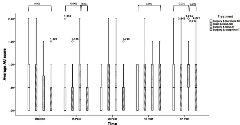 Fig 5. Average Action Unit RGS scores for treatments 2.1 (NaCl SC + sham surgery); 2.2 (NaCl IT + surgery); 2.3 (morphine SC + surgery) and 2.4 (morphine IT + surgery) over time (Solid line = median, box = 1 st and 3 rd quartiles, whiskers = minimum and ma