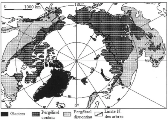 Fig 3. - Carte de la distribution du pergélisol de l'hémisphère nord d'après la carte de Brown et al (1997)