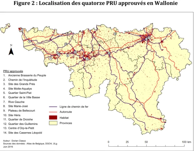 Figure 2 : Localisation des quatorze PRU approuvés en Wallonie 