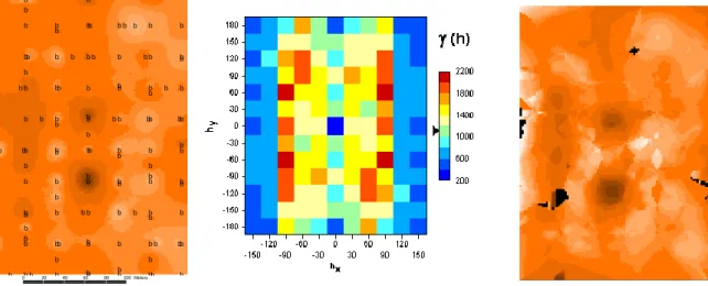 Figure  2-12.  Cartes de l'APL 0-90cm obtenues par interpolation (distance inverse à gauche et krigage à  droite) et surface variographique