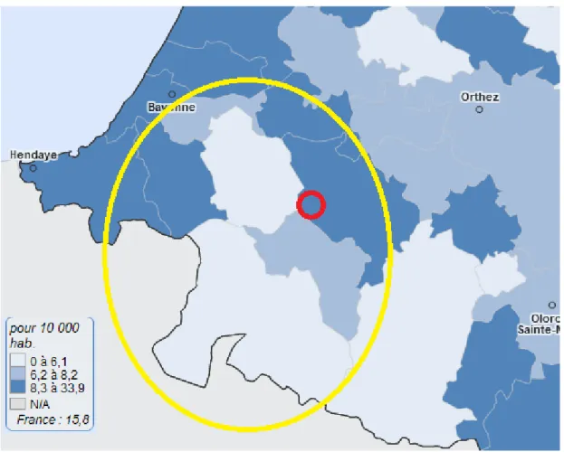 Figure 1 : La densité médicale dans les Pyrénées Atlantiques. (Cercle rouge : Saint Palais