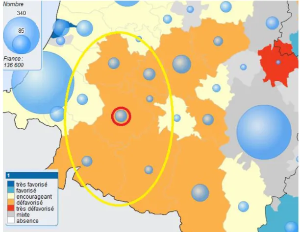 Figure 2 : Typologie des bassins de vie et nombre de médecins généralistes inscrits au tableau de l'Ordre des  médecins (tous types d'activités confondues) (Cercle rouge : Saint Palais