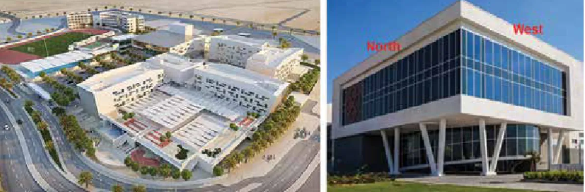 Fig. 1a: SISD Campus general view (Rendering | ARCHILAB – Gabriele M. Rossi Sa), 1b: 110 square meters of electronically  tintable glass installed in the façade of the offices at SISD, Architect: ArchiLab, DSA, UA, Source: dubaioursandbox.com 