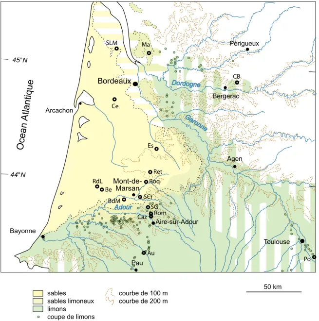 Fig. I.10 : Carte des dépôts éoliens du Bassin Aquitain. Modifié d’après Bertran et al