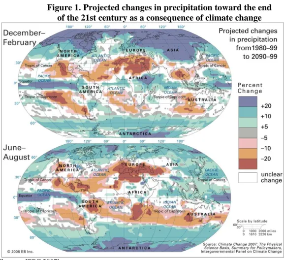 Figure 1. Projected changes in precipitation toward the end   of the 21st century as a consequence of climate change 