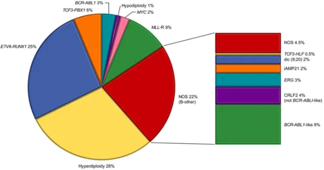 Figure 1. Répartition des anomalies génétiques dans les LAL B pédiatriques. D’après  Bhojwani et al