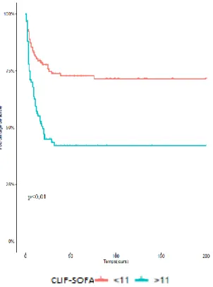 Figure 5: Courbes de Kaplan-Meier illustrant la mortalité à 180 jours en fonction des scores  pronostiques à l’admission en réanimation