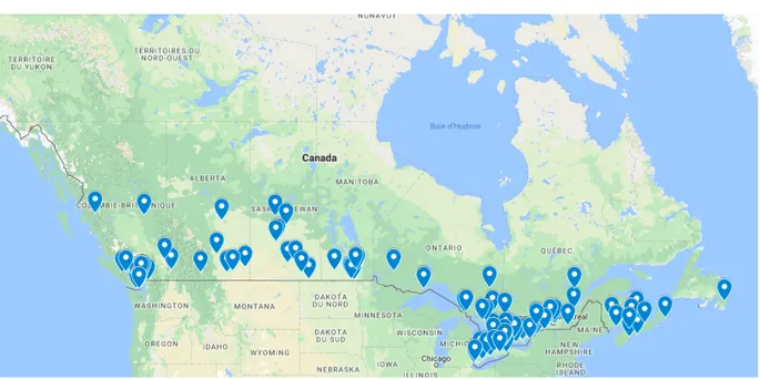 Figure 1.  Overview of the location of the studied accounts in Canada 