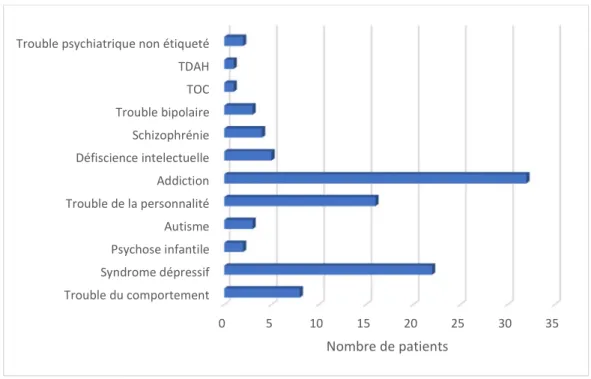 Figure 8 : Effectifs des patients pour chaque type de pathologie psychiatrique rencontré 