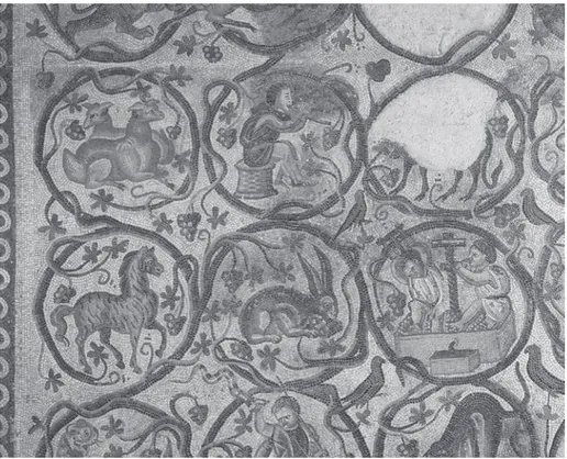 Fig. 2. Mosaïque de Qabr Hiram, un fouloir-pressoir, Musée du Louvre, Ma 22 1 (  RMN, Hervé Le ando ski).