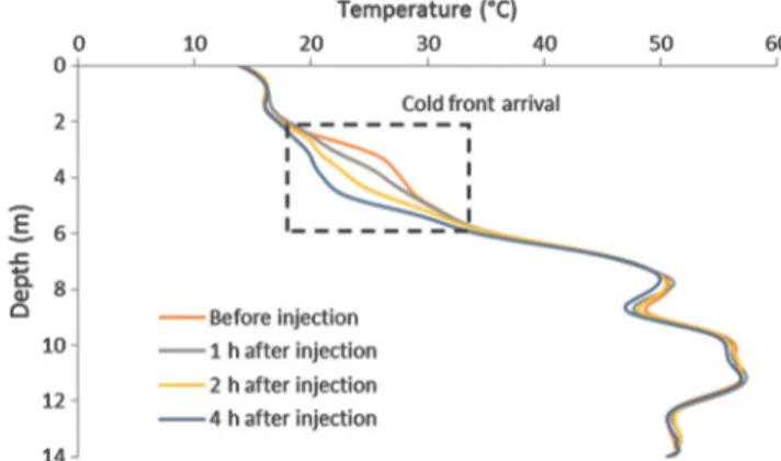 Figure 6. First recirculation experiment: changes in the vertical temperature distribution, measured in borehole K1, during the first monitored injection event.