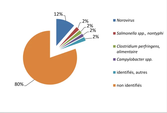 Figure 2 - d’après Scallan (4,5), Distribution du nombre annuel estimé de cas de TIA par germe,  Etats-Unis 12% 2%  2%  2%  2% 80%  Norovirus Salmonella spp., nontyphiClostridium perfringens,alimentaireCampylobacter spp.identifiés, autresnon identifiés