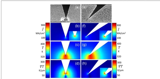 Figure 6. Scanning electron microscopy images of the symmetric ( a ) and asymmetric ( e ) devices after several thousand switching cycles