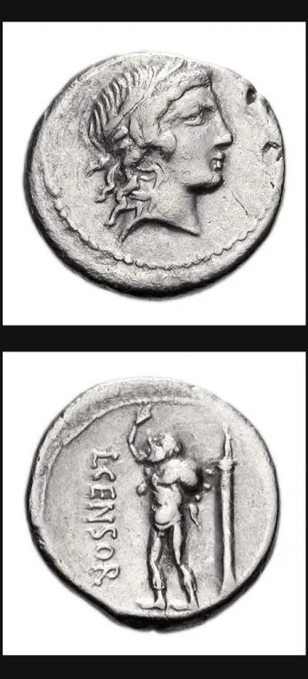 Figure 1 Marsyas portant une outre de vin, Denarius de L. Marcius Censorinus, 82 av. J.-C.