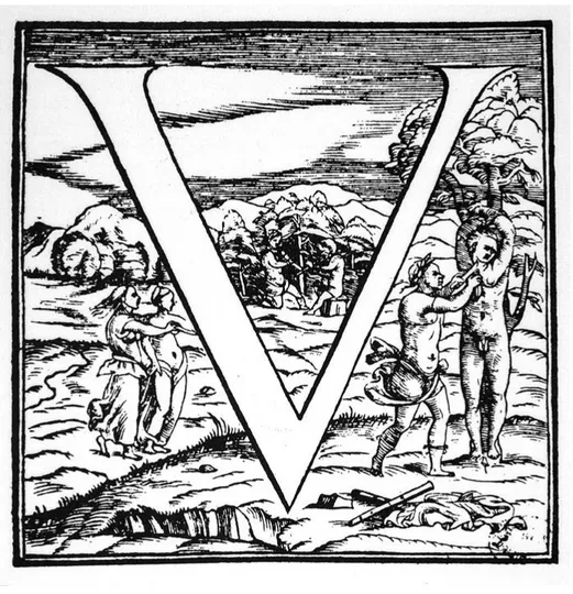 Figure 3 Lettrine représentant le mythe d’Apollon et Marsyas, xylographie, 1543, dans Vésale, De Humani corporis fabrica, Bâle, 1543 Source : Wikimedia Commons - Wellcome blogspot