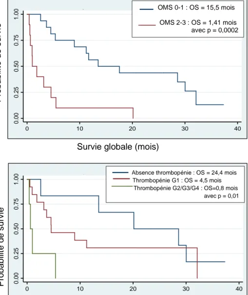Figure 5 _ Survie globale selon l’état général (A), le taux de plaquette initial (B) et le  taux d’érythroblastémie initial (C)