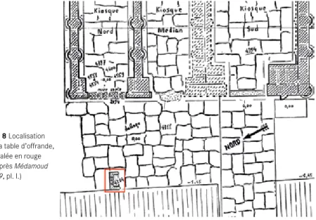 Fig. 8 Localisation   de la table d’offrande,  signalée en rouge   (d’après Médamoud  1929, pl