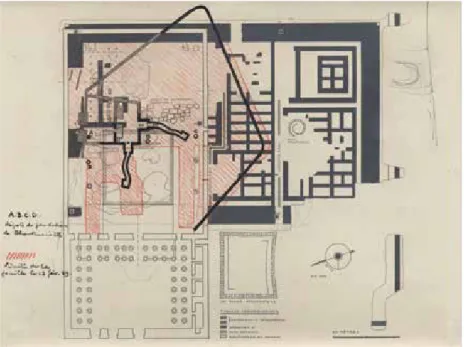 Fig. 3  Plan des temples Moyen Empire (en noir) et du temple primitif (en rouge) superposés (© Archives  de l’Ifao ms_2004_2028)