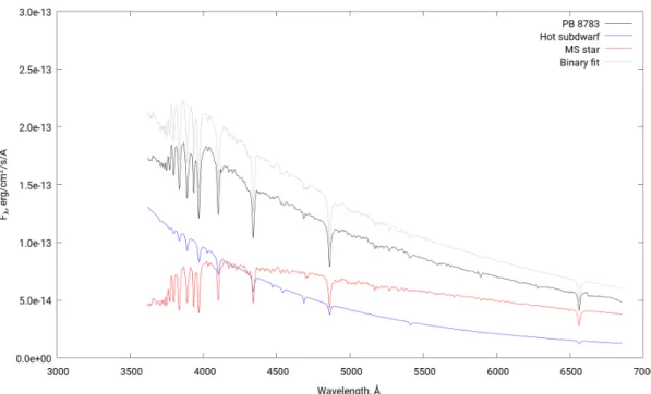 Figure 1: Low resolution PB 8783 spectrum (black) obtained with the Bok telescope. The synthetic composite model is the sum (grey) of the sdO type hot subdwarf model (blue) and the F0 type main sequence model (red)