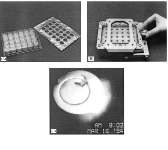 Fig. 1. (A) Cryschem™ tray adapted for microgravity utilizing high molecular weight polyethylene wicks and  elastomer sheet