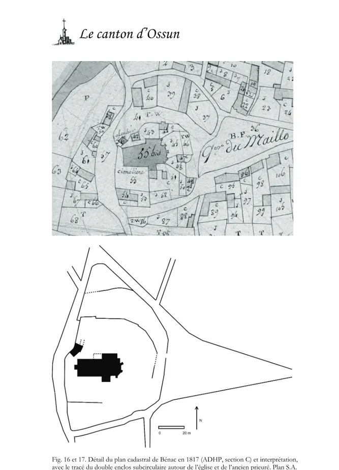 Fig. 16 et 17. Détail du plan cadastral de Bénac en 1817 (ADHP, section C) et interprétation, avec le tracé du double enclos subcirculaire autour de l’église et de l’ancien prieuré