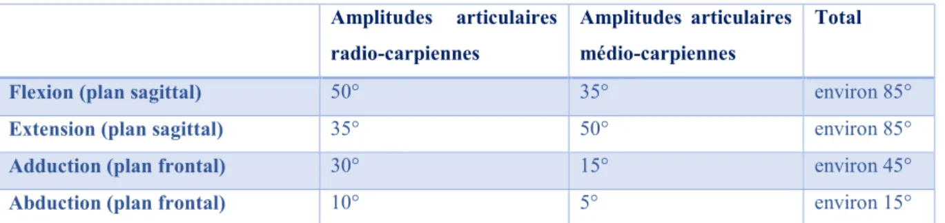 Tableau 1. Amplitudes articulaires du poignet 