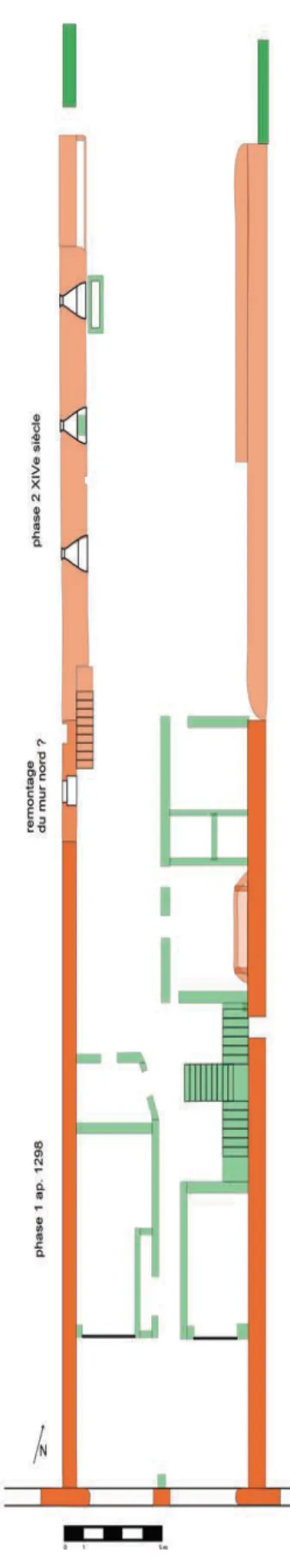 Fig. 6 ‒ Marciac, plan d’ensemble du rez-de-chaussée du bâtiment, avec essai de datation des maçonneries (plan S