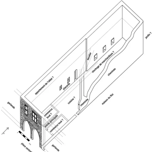 Fig. 8 ‒ Marciac, restitution isométrique de la maison des abbés de la Casedieu à Marciac, avec essai d'interprétation des espaces conservés (plan S
