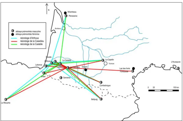 Fig. 2. – Les mentions d’abbés de monastères prémontrés de la circarie de Gascogne dans trois nécrologes ( XII e - -XIV e  siècle)