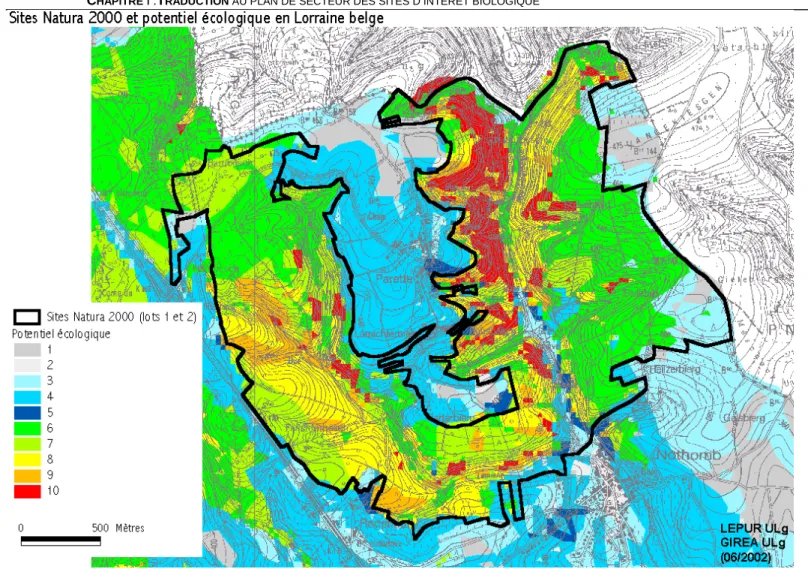 Figure I 2 –  Superposition du périmètre du site Natura 2000 « Bois de Nothomb » avec la carte des valeurs écologiques potentielles de  Wallonie 