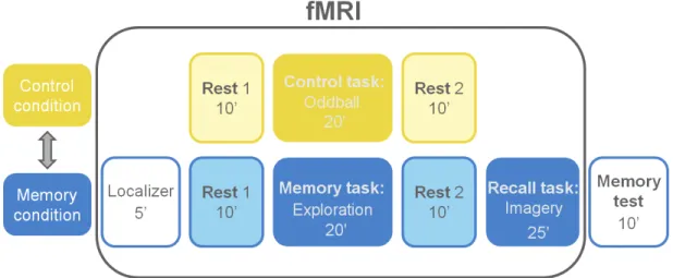 Figure 4.1: Experimental design. Subjects underwent a control task flanked by two rest sessions and a memory task, flanked by two rest sessions and followed by a recall or mental imagery session