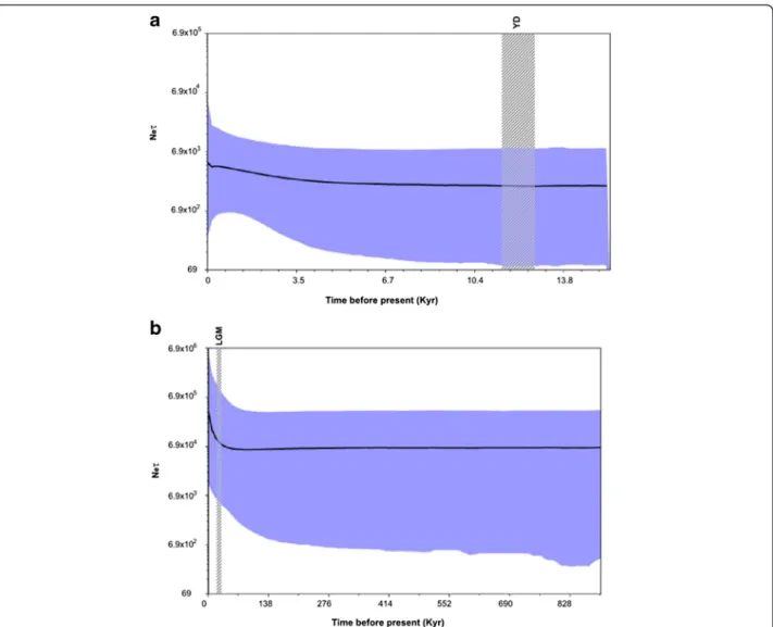 Fig. 3 Bayesian skyline plot. Bayesian skyline plot depicting the historical demography of the Northeastern (a) and Southeastern (b) European populations of Mustela lutreola based on mt haplotype data