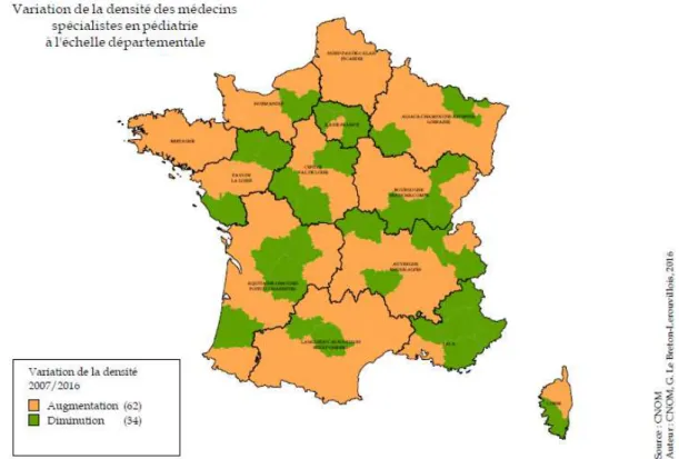 Figure 2 : Variation de la densité des médecins spécialistes en pédiatrie à l’échelle départementale (Atlas de démographie  médicale en France, situation au premier janvier 2016, Conseil National de l’Ordre des Médecins) 