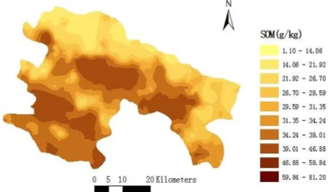 Fig. 4. Spatial distribution of soil organic matter (SOM) content in Yuanyang county, Yunnan Province, China