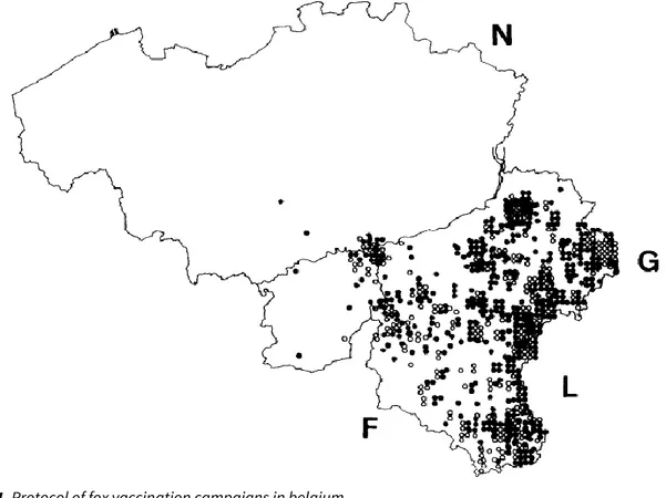 Figure 1. Geographical distribution of 841 animal rabies cases in Belgium in 1989.  Black dots: 520 wild animals; 