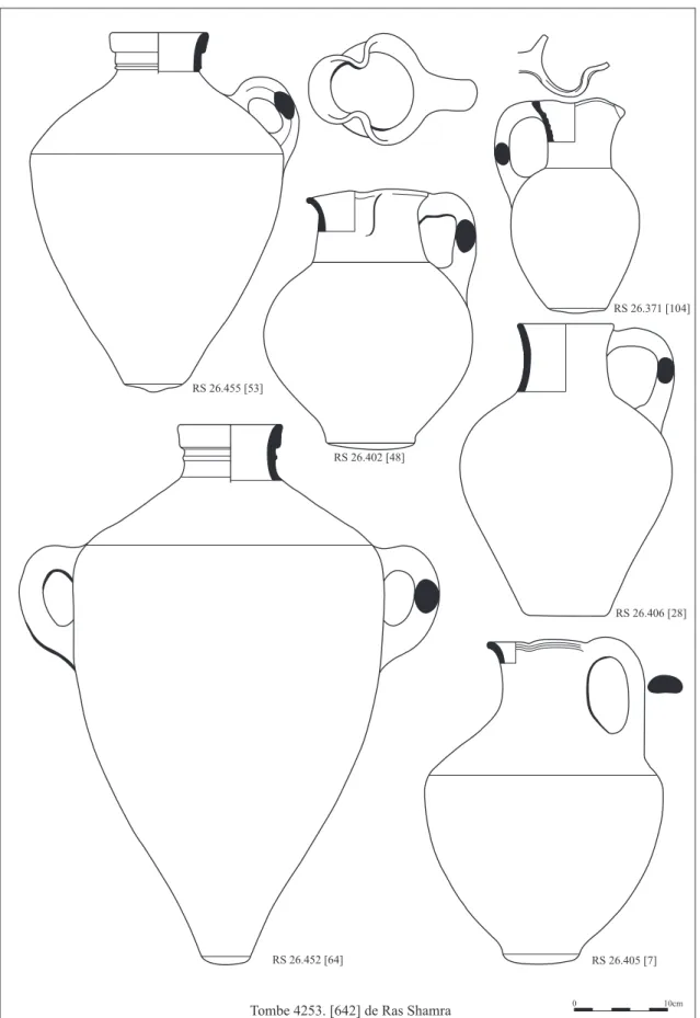 Fig. 30 – Vases en céramique de la Tombe 4253 [642], voir annexe pour le détail  (d’après Courtois 1969, infographie S. Shabo, Mission de Ras Shamra).
