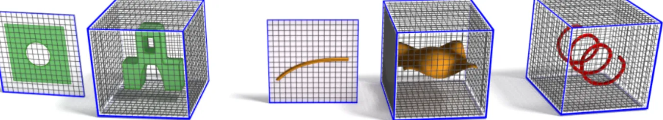 Figure 3: Embedded solids (from left to right): 2D and 3D problem domains of codimension zero, 1D and 2D problem domains of codimension one, 1D problem domain of codimension